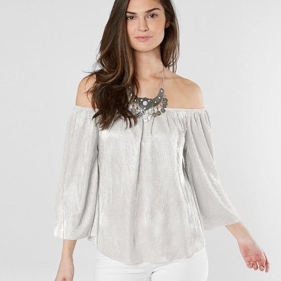 Pleated Metallic Bell Sleeve Off The Shoulder Top - Picture 3 of 3